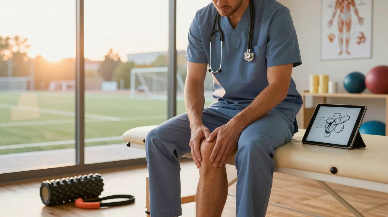 Médico sentado em clínica segurando o joelho, com equipamento de fisioterapia e ilustração anatômica ao lado.
