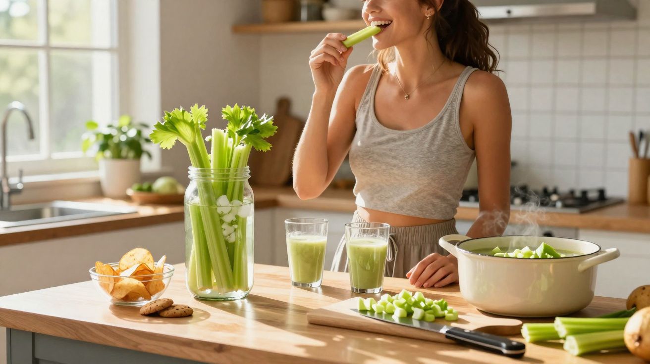 Mulher com regata cinza comendo aipo em cozinha iluminada com legumes e suco verde na bancada.
