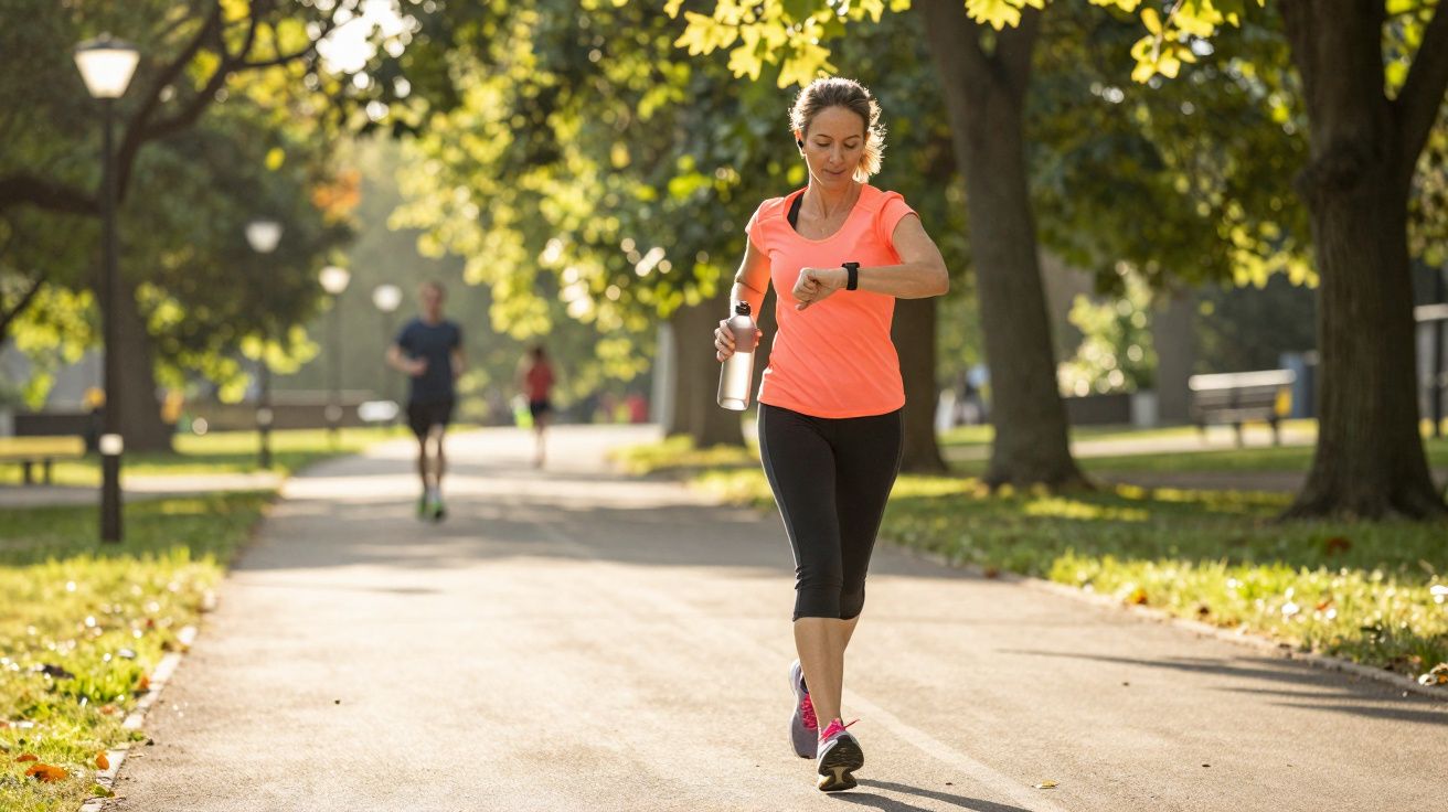 Mulher caminhando no parque, usando roupa esportiva e conferindo relógio enquanto segura garrafa de água.