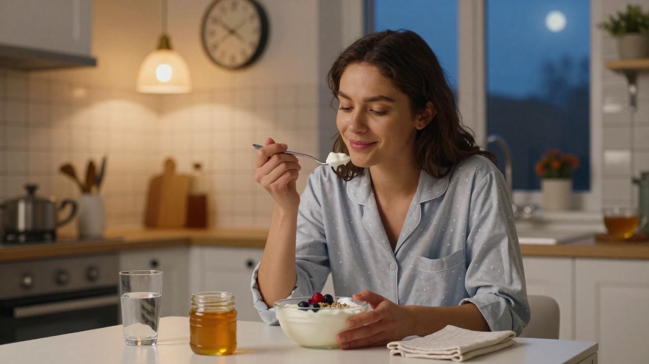 Mulher em pijama comendo iogurte com frutas e mel à mesa da cozinha à noite.