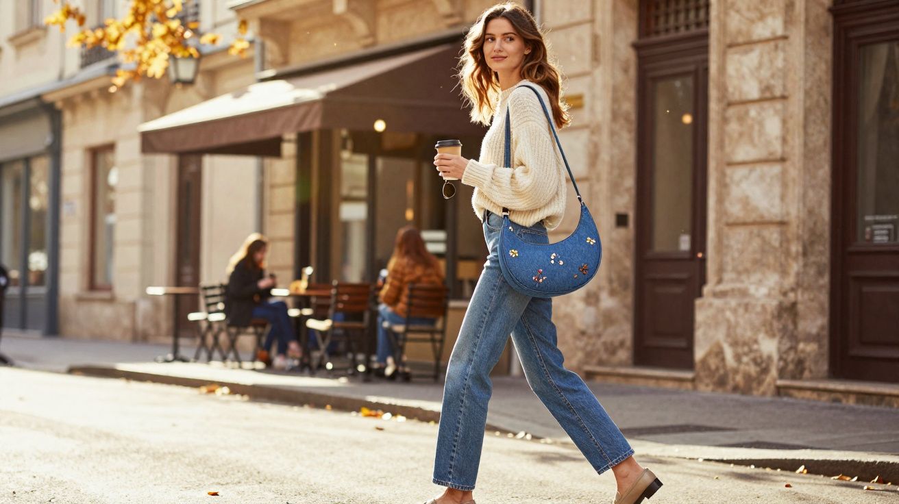 Mulher caminhando na rua com suéter bege, jeans e bolsa azul, segurando copo de café para viagem.