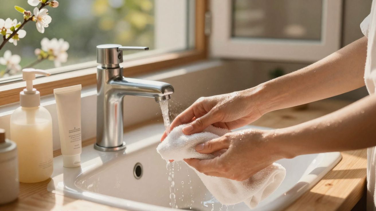 Pessoa lavando uma toalha branca em uma pia com torneira de metal e produtos ao lado em ambiente iluminado.