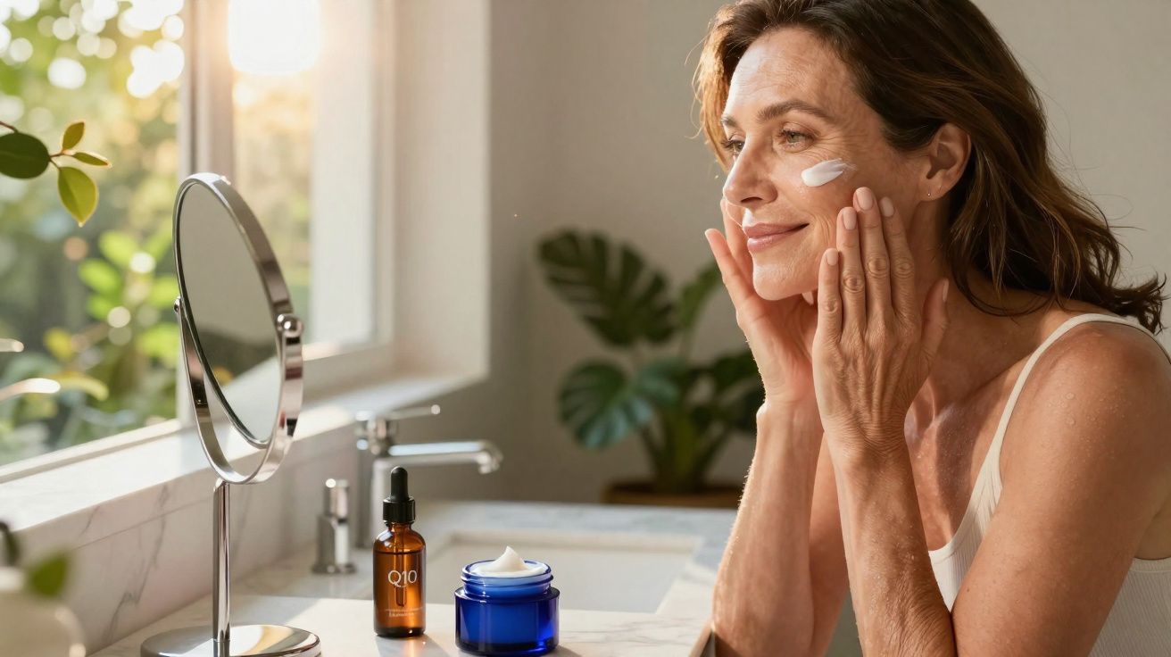 Mulher aplicando creme facial com espelho e produtos de skincare em bancada iluminada pela luz do dia.