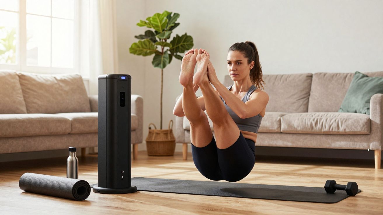 Mulher fazendo exercício de yoga com roupa esportiva em sala iluminada, com tapete, haltere e planta ao fundo.