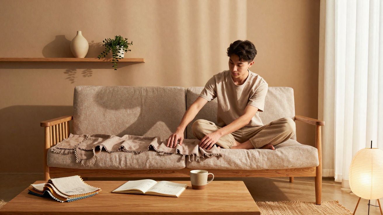 Jovem sentado no sofá arrumando uma manta, com livros e xícara sobre mesa de madeira clara.