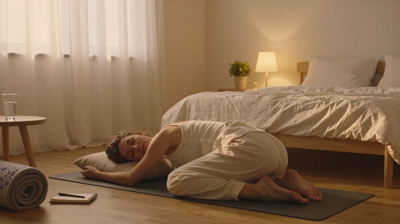 Mulher descansando em pose de yoga no tapete ao lado da cama em quarto iluminado e aconchegante.