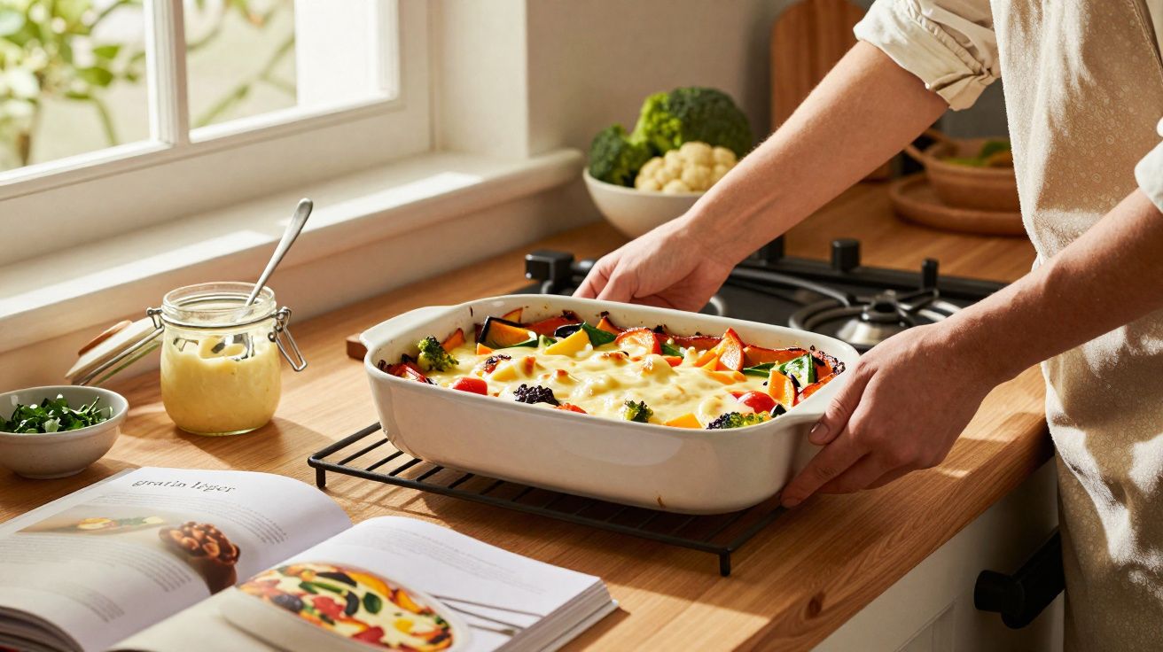 Pessoa retirando uma assadeira com legumes gratinados do forno em cozinha iluminada.