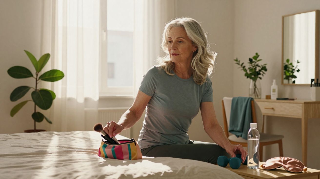 Mulher madura sentada na cama organizada, com pincéis de maquiagem, pesos e água em um quarto iluminado.