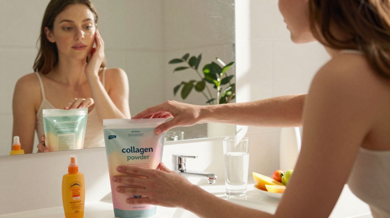 Mulher à frente do espelho alcançando embalagem de colágeno em pó em bancada de banheiro iluminado.