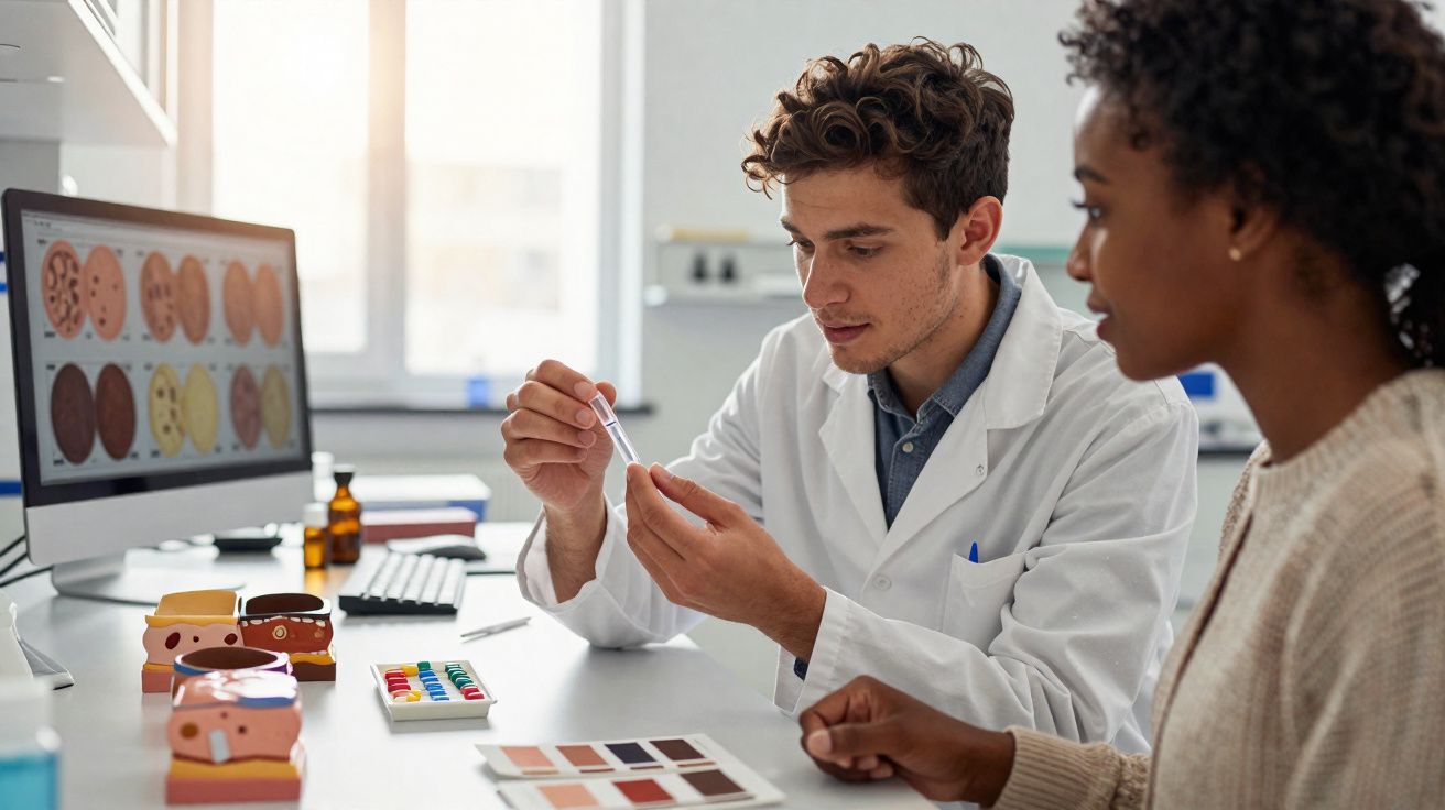 Homem em jaleco explicando teste de pele para mulher em consultório dermatológico.