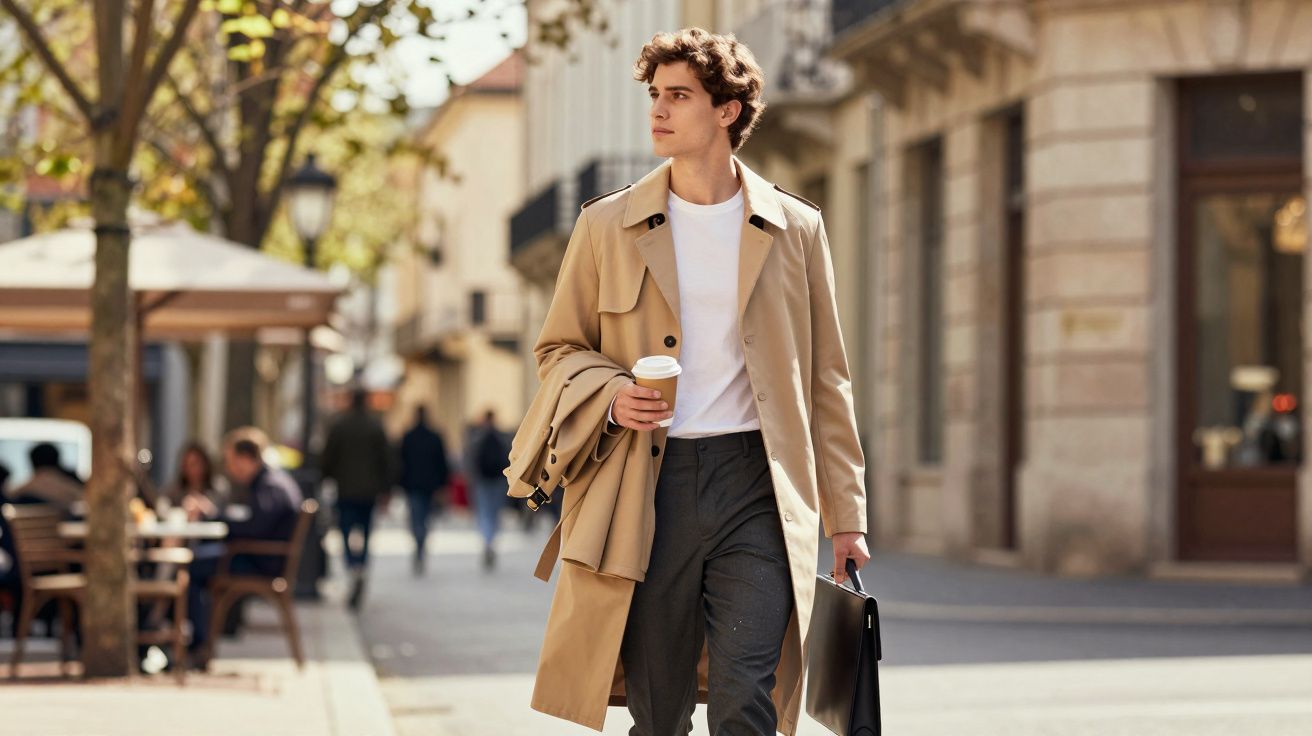 Homem jovem caminhando na rua com casaco bege, segurando café e pasta preta em dia ensolarado.