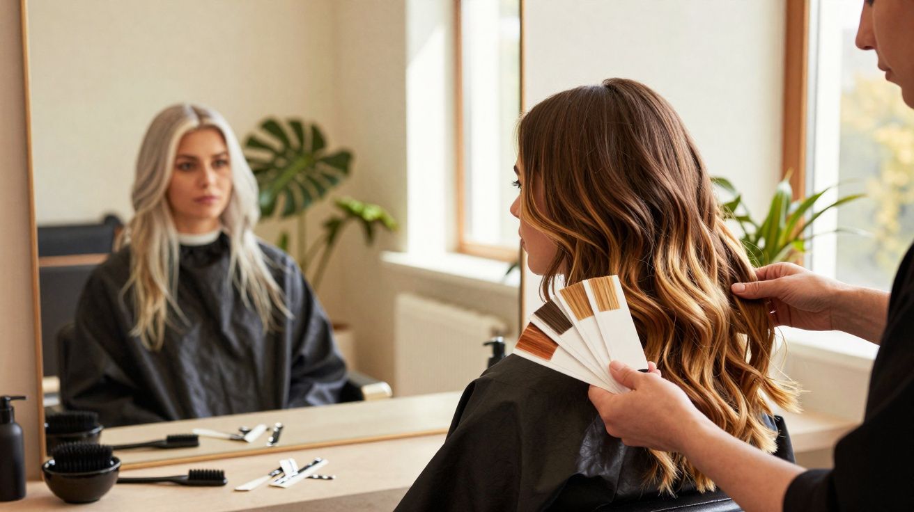 Mulher analisando opções de coloração de cabelo enquanto cabeleireiro segura amostras perto de suas madeixas.