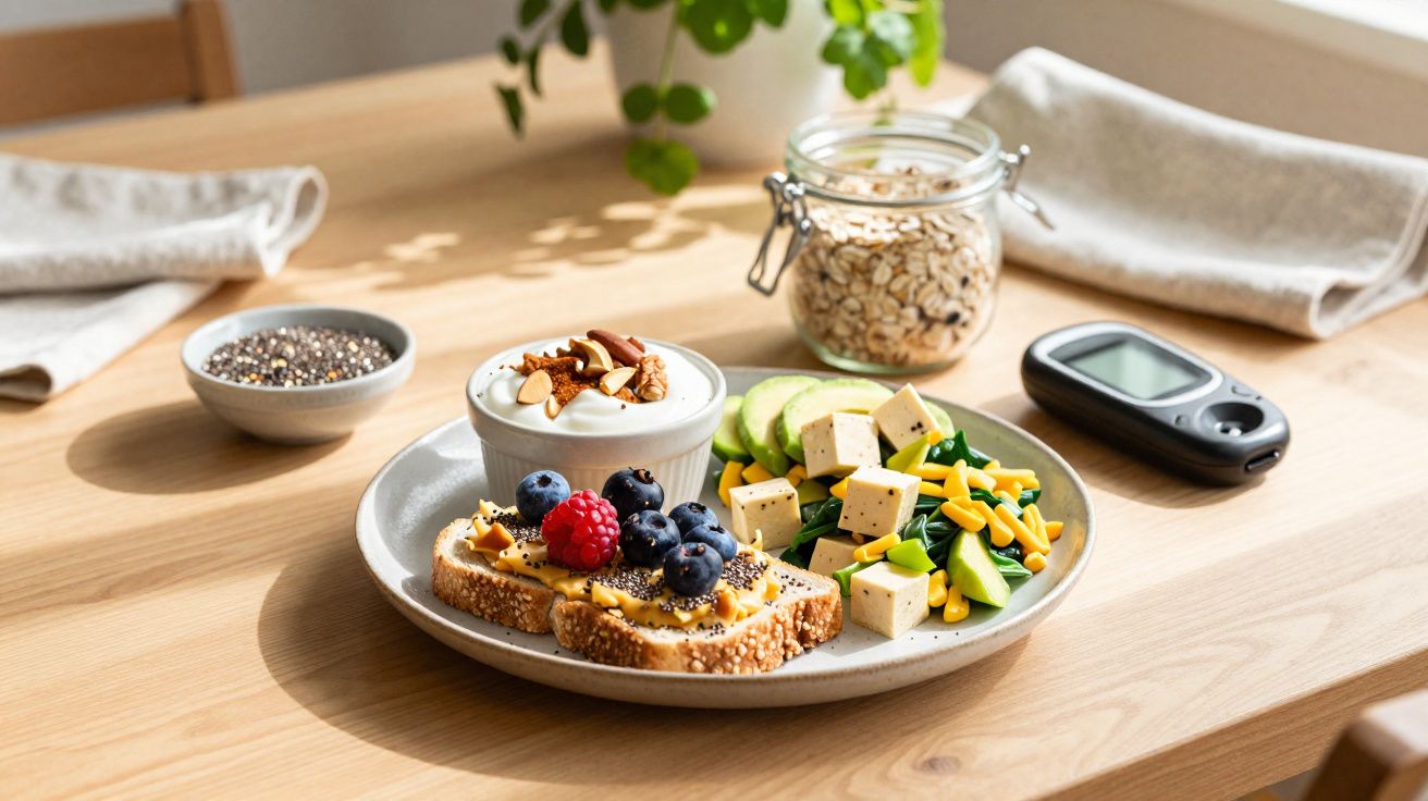 Prato com iogurte, frutas, pão integral com pasta de amendoim, e salada de legumes ao lado de um glicosímetro.