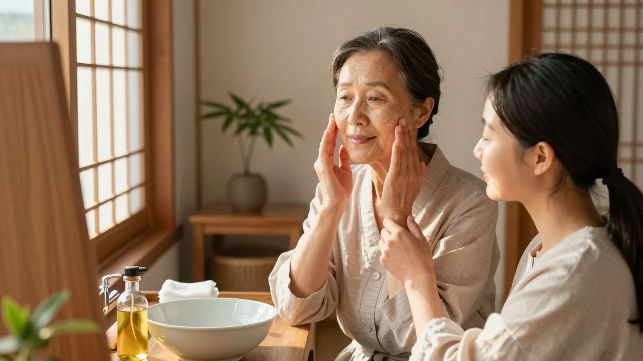Mulher mais jovem ajuda idosa a cuidar da pele em ambiente iluminado e acolhedor.
