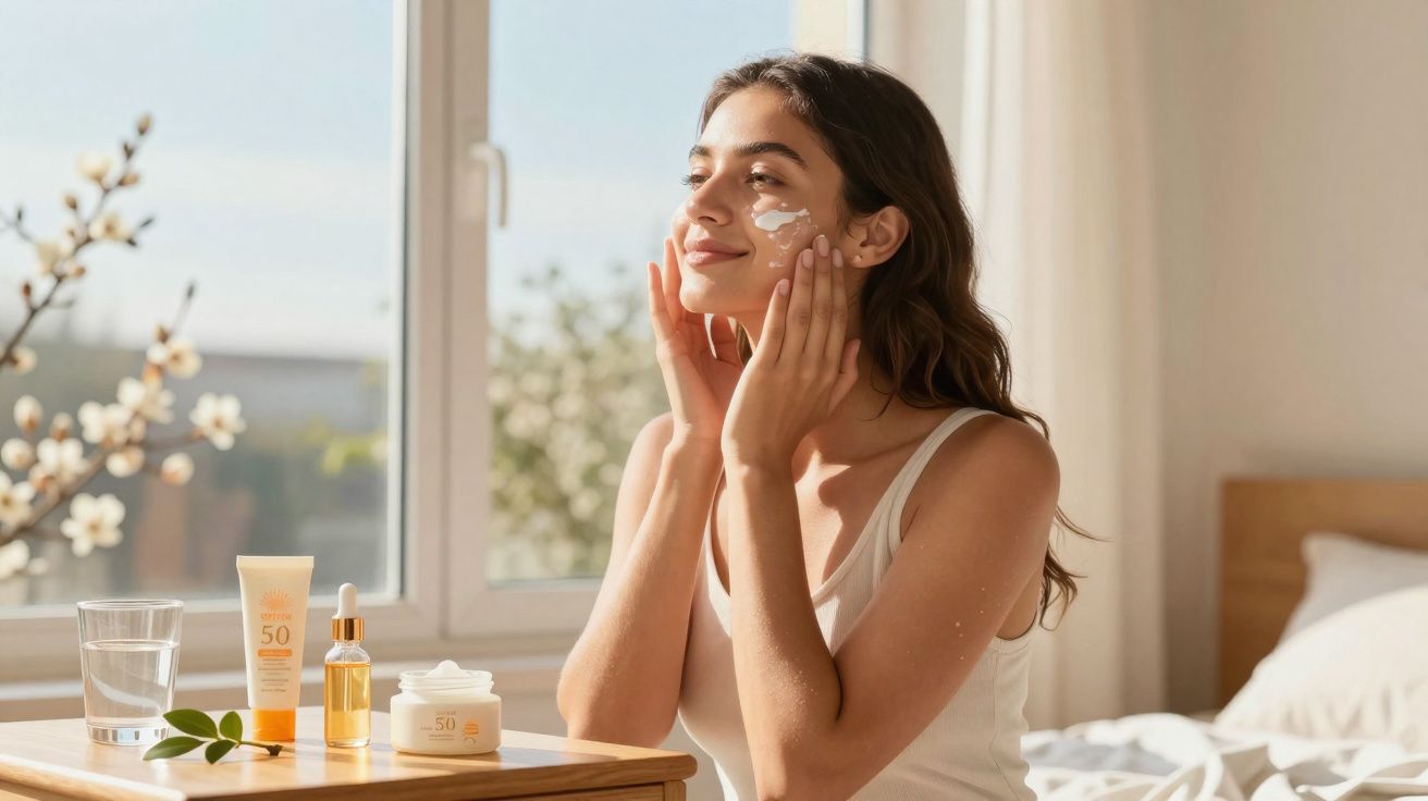 Mulher aplicando protetor solar no rosto em quarto iluminado com frascos de cosméticos na mesa.