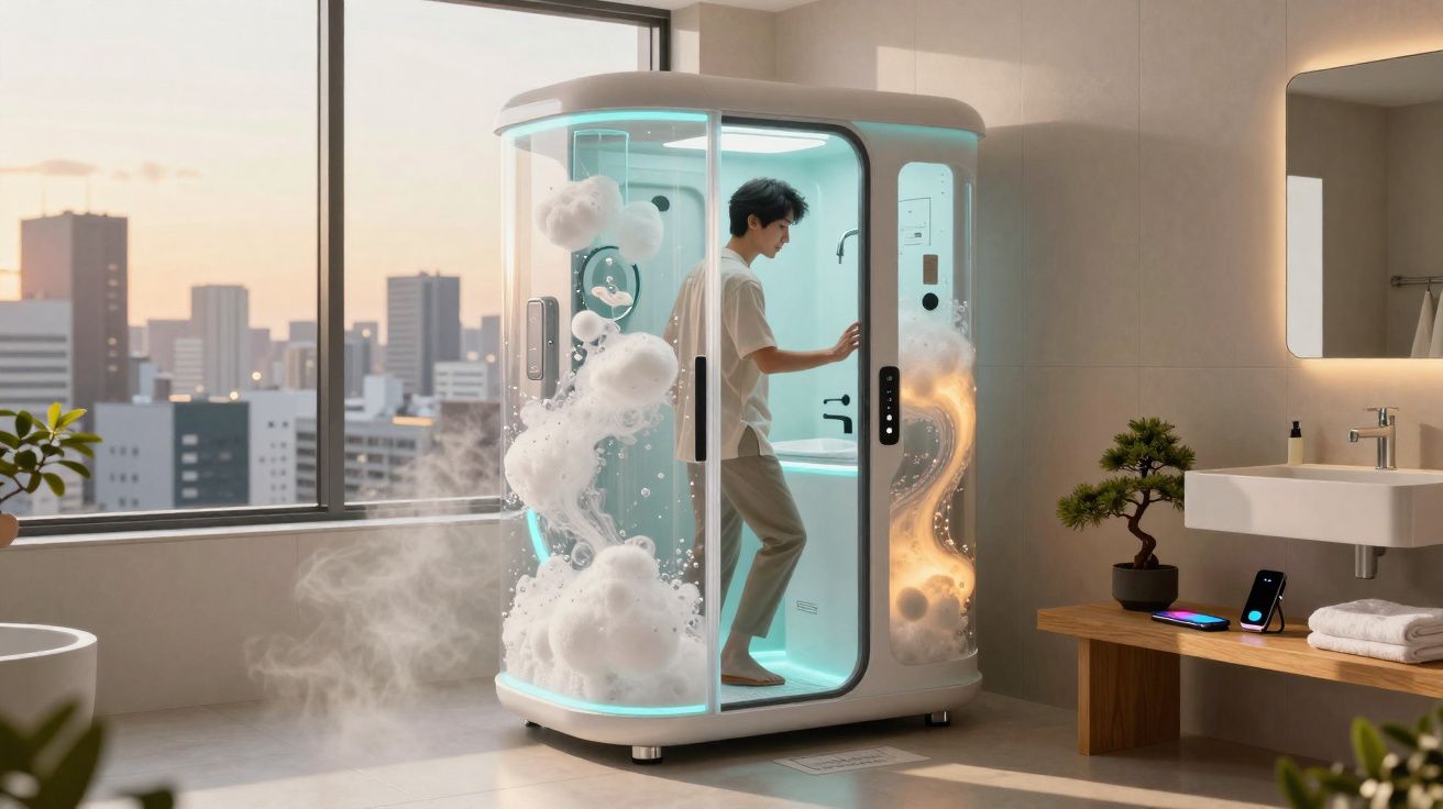 Homem entrando em cabine de banho futurista com luzes azuis e bolhas em banheiro moderno com janela ampla.