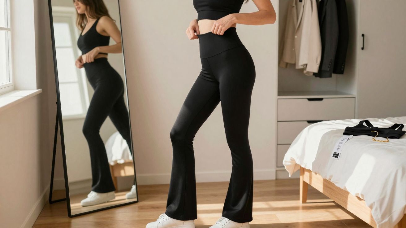 Mulher vestindo calça preta e top preto, olhando para o espelho de corpo inteiro em quarto iluminado.