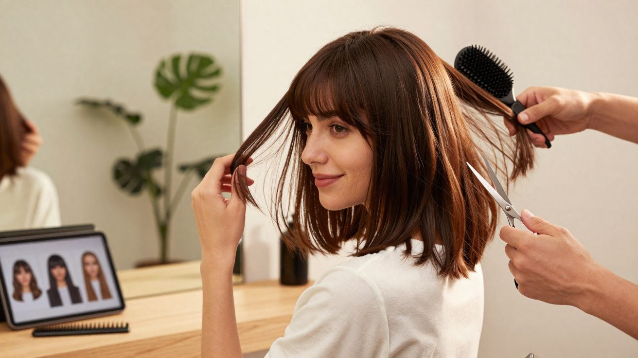 Mulher sentada em salão de beleza cortando o cabelo com tesoura e escova, consultando estilos em tablet.