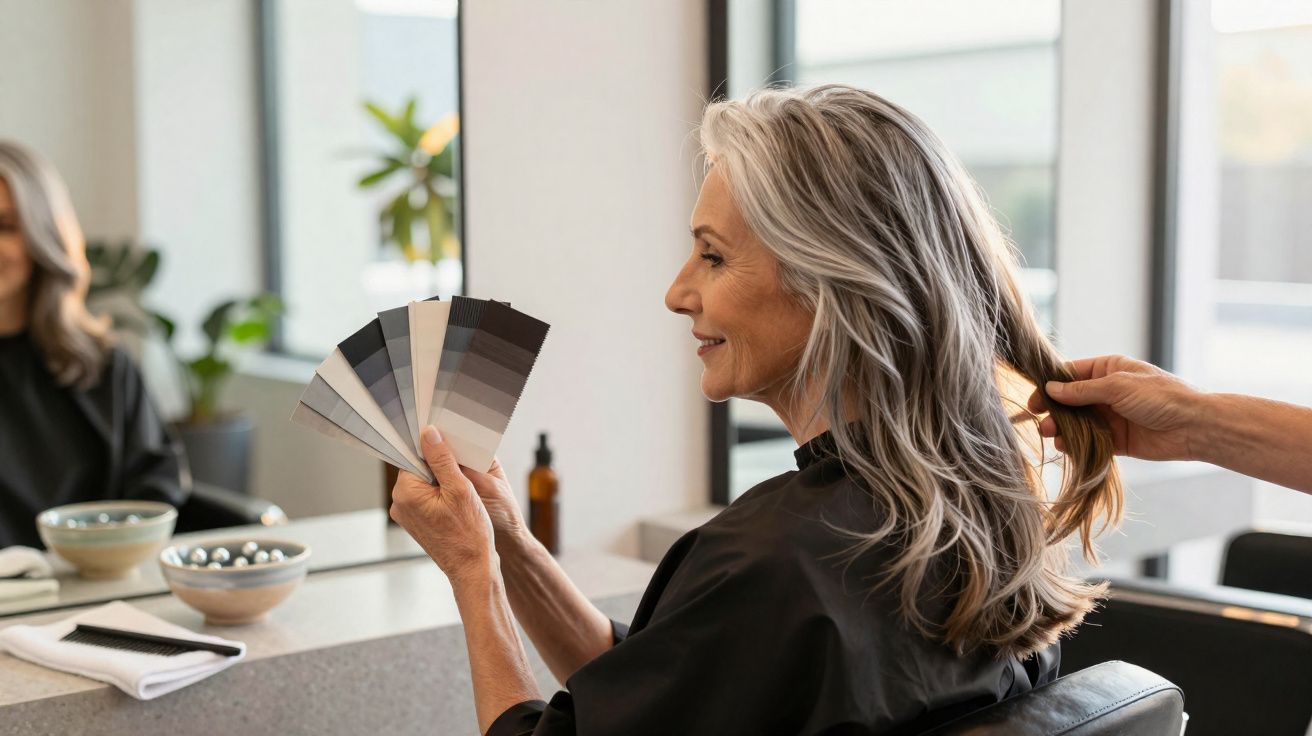 Mulher escolhendo tons de tinta para cabelo durante salão de beleza, com mão de cabeleireiro segurando mecha.