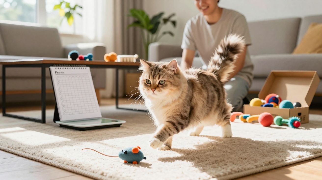 Gato cinza brincando com brinquedo de rato em tapete, pessoa sorridente ao fundo em sala iluminada.