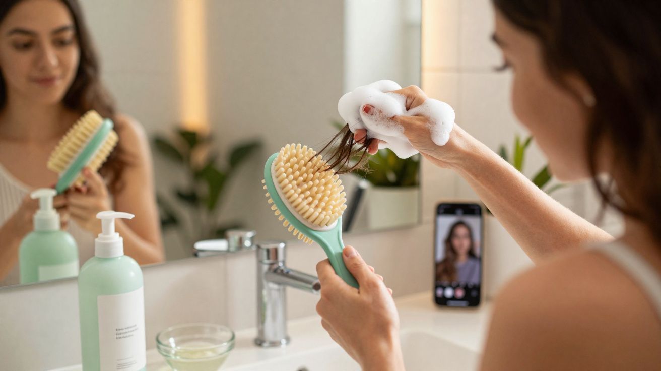 Mulher segurando escova com espuma e fios de cabelo ao lado da pia em banheiro com espelho e celular.