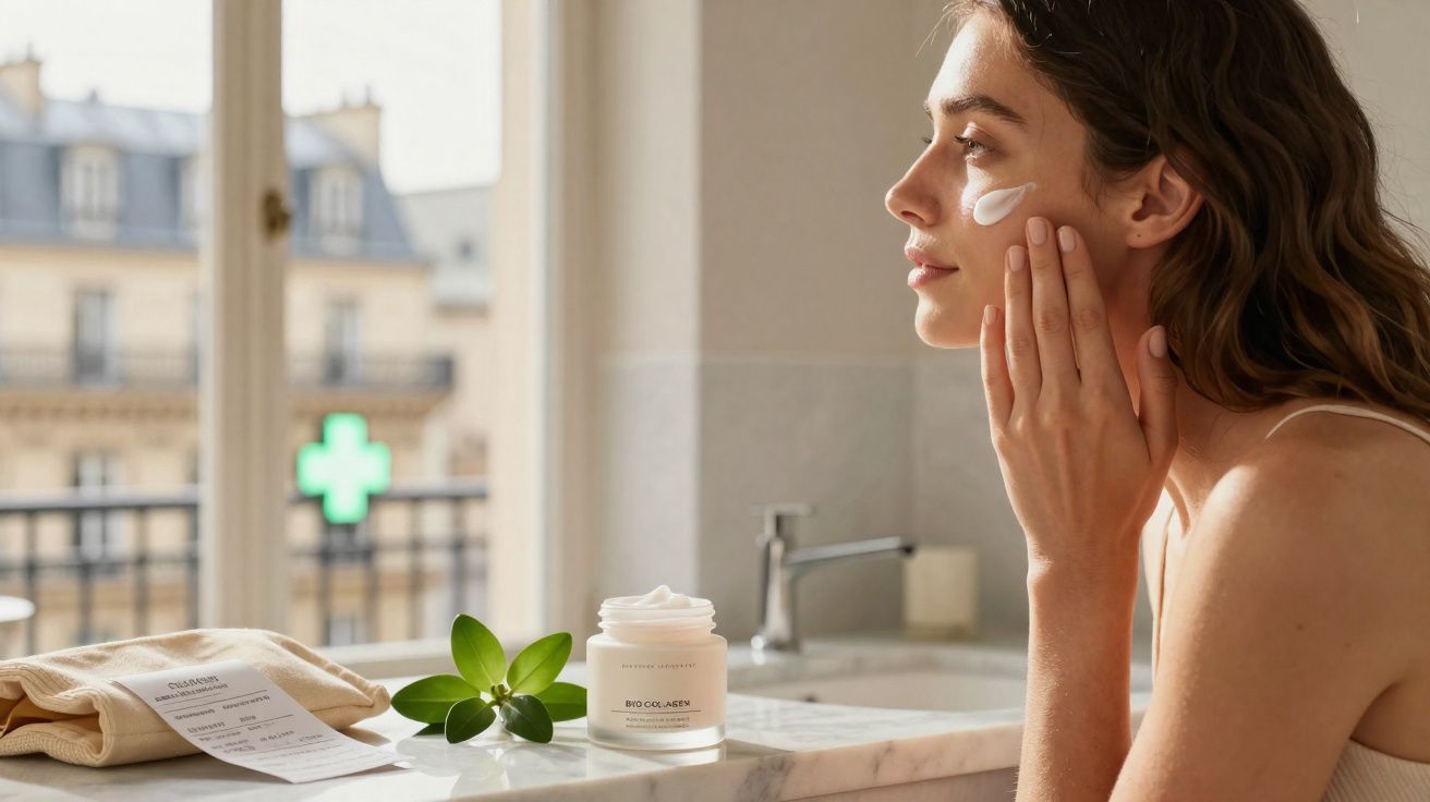 Mulher aplicando creme no rosto em banheiro iluminado próximo a uma janela com plantas e cosméticos.