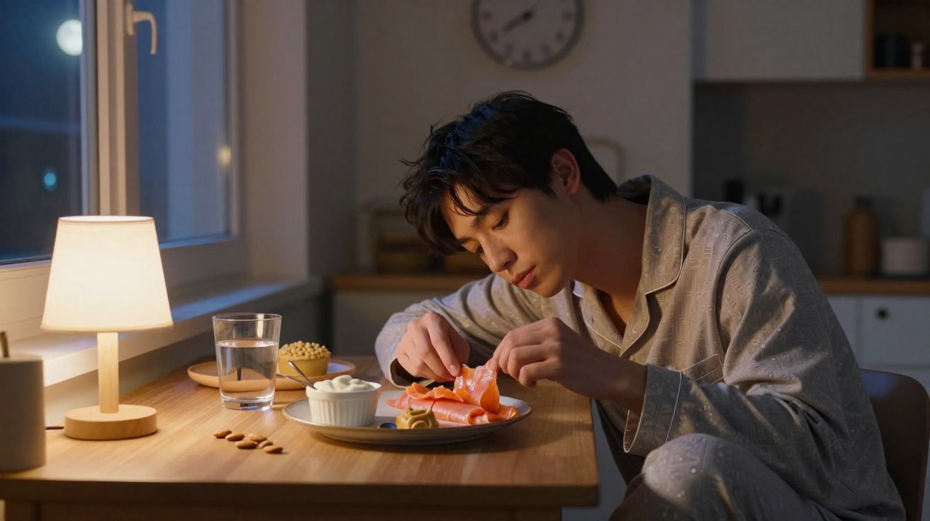 Homem em pijama preparando um prato com frutas e castanhas à luz de um abajur em uma cozinha à noite.