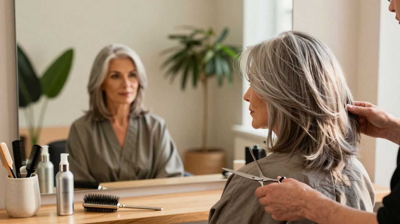 Mulher de cabelo grisalho fazendo corte em salão de beleza, com espelho e produtos ao redor.