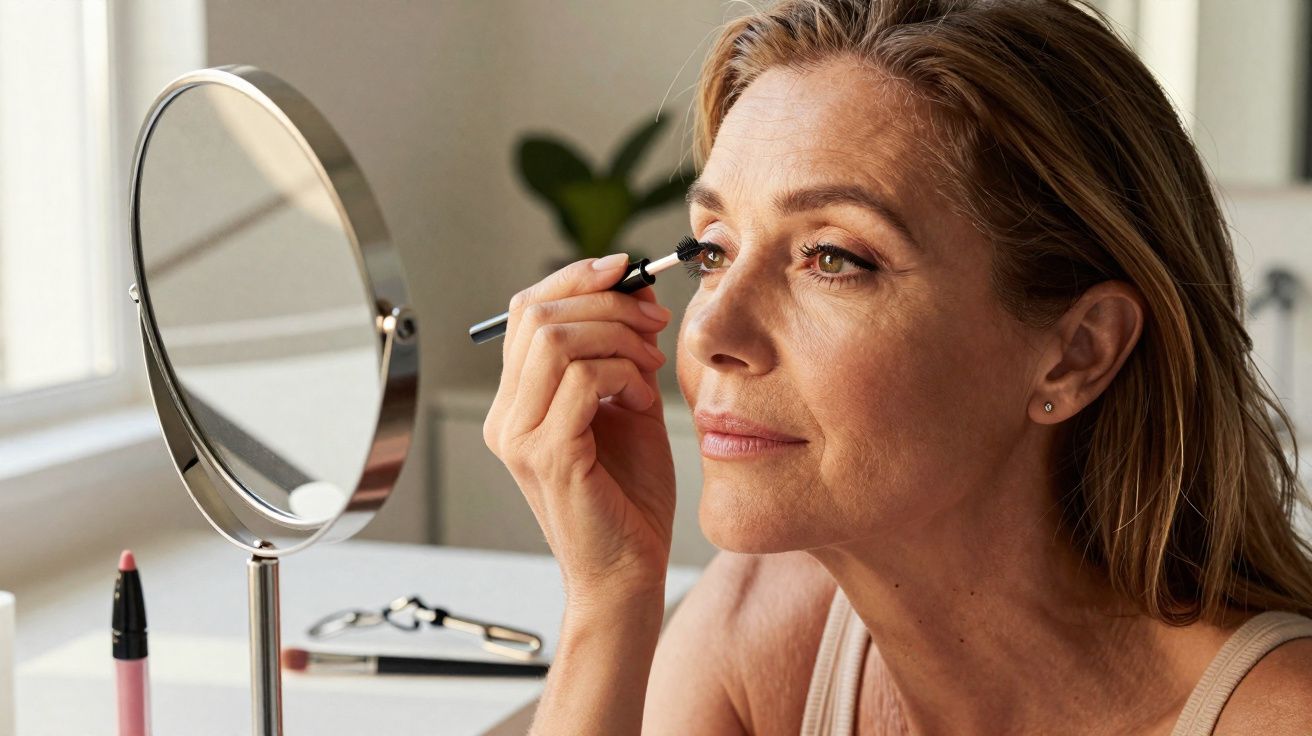 Mulher aplicando rímel enquanto se olha no espelho de mesa em ambiente iluminado por luz natural.
