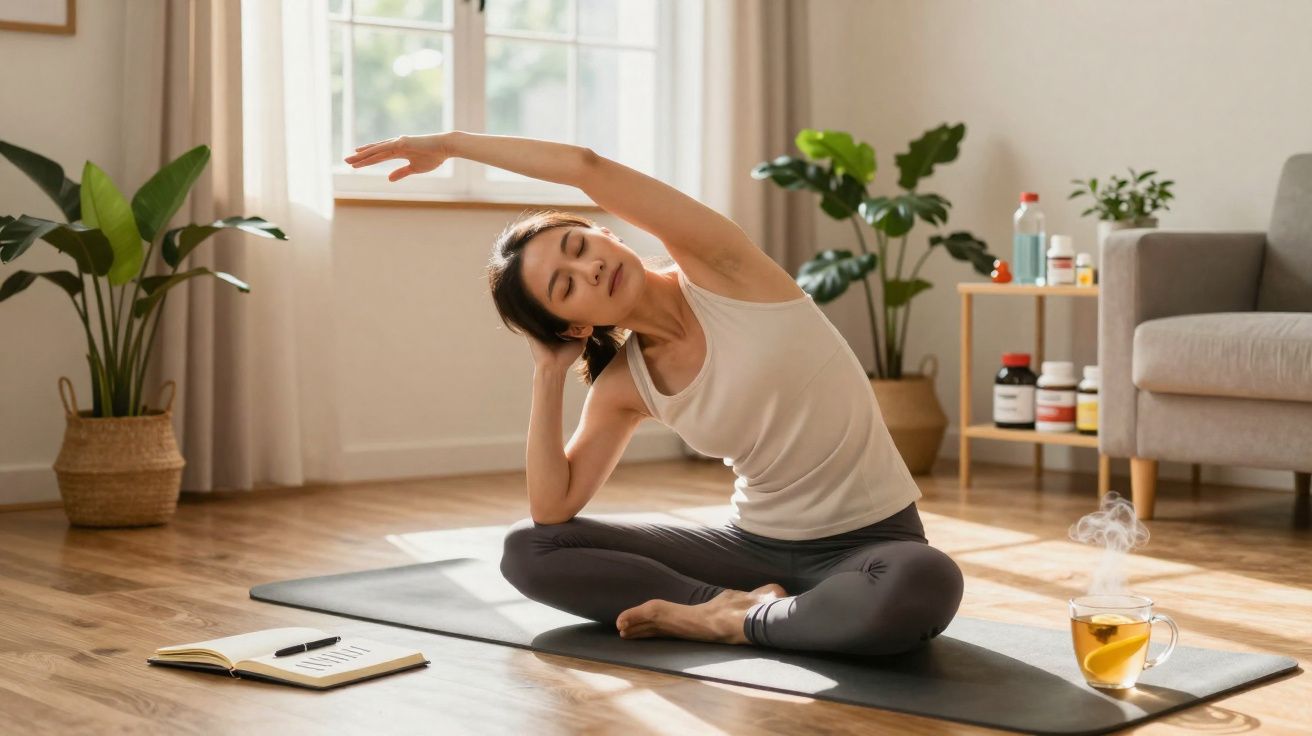 Mulher sentada em tapete de yoga faz alongamento lateral em sala iluminada com plantas e xícara de chá.