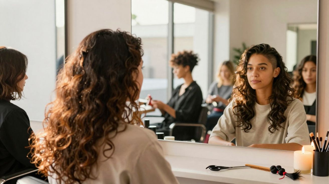 Mulher com cabelo cacheado olhando seu reflexo no espelho em salão de beleza com outras pessoas ao fundo.