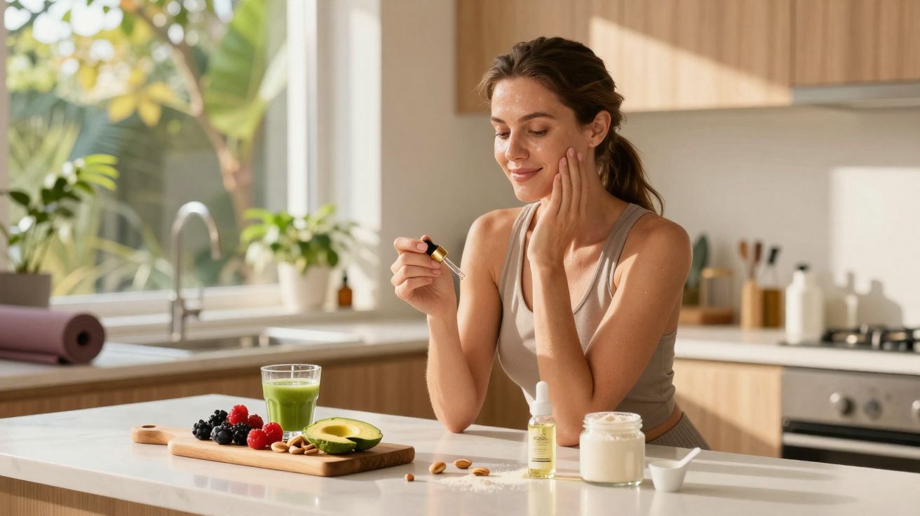 Mulher aplicando sérum facial na cozinha com frutas, castanhas e smoothie sobre a bancada branca.