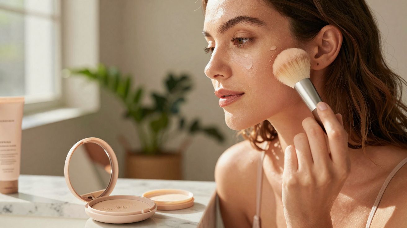 Mulher aplica maquiagem com pincel no rosto à luz natural próxima a espelho e produtos de beleza.