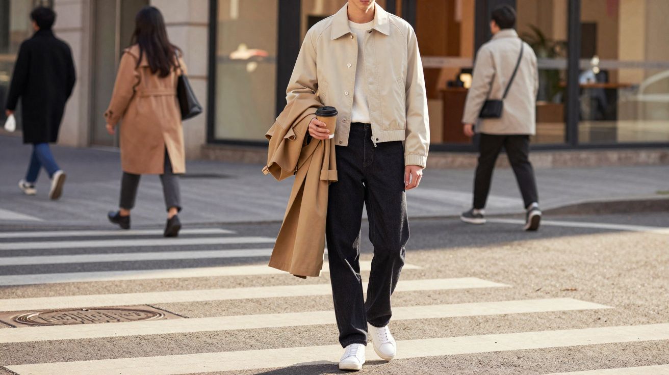 Homem caminhando na faixa de pedestres segurando café e casaco bege em área urbana.