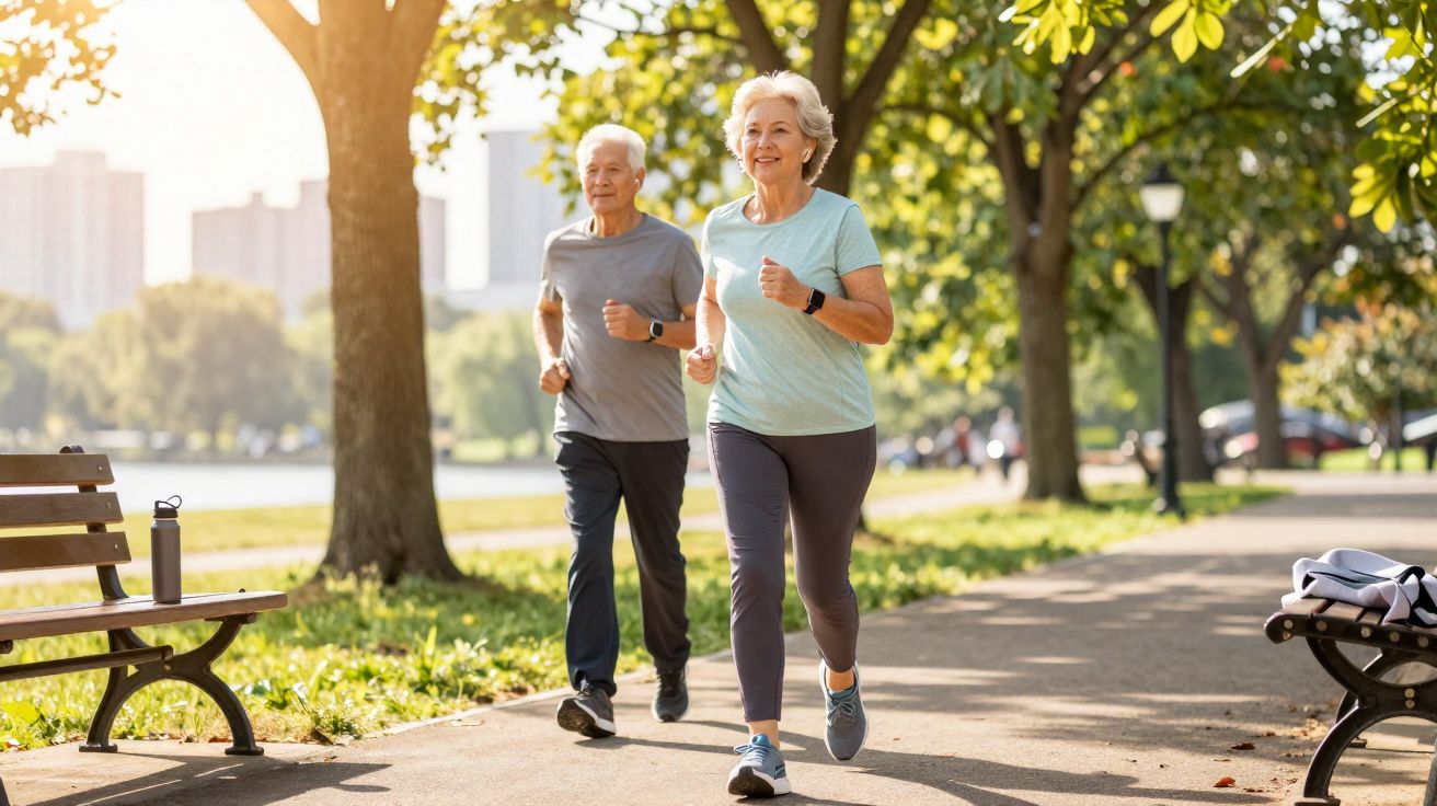 Casal de idosos correndo em parque urbano ensolarado com árvores e bancos ao redor.
