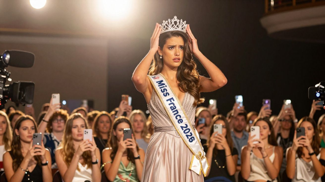Mulher com faixa Miss France 2026 e coroa, em palco, cercada por público tirando fotos com celulares.