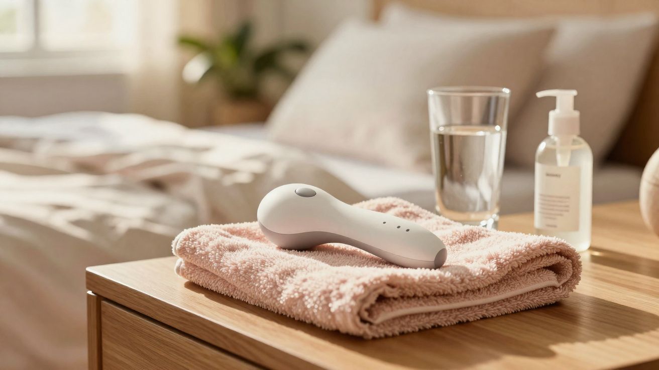 Termômetro digital sobre toalha rosa em criado-mudo de madeira ao lado de copo de água e frasco de álcool em gel.