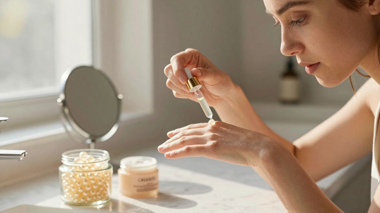 Mulher aplicando sérum facial na mão com conta-gotas em ambiente iluminado por janela.