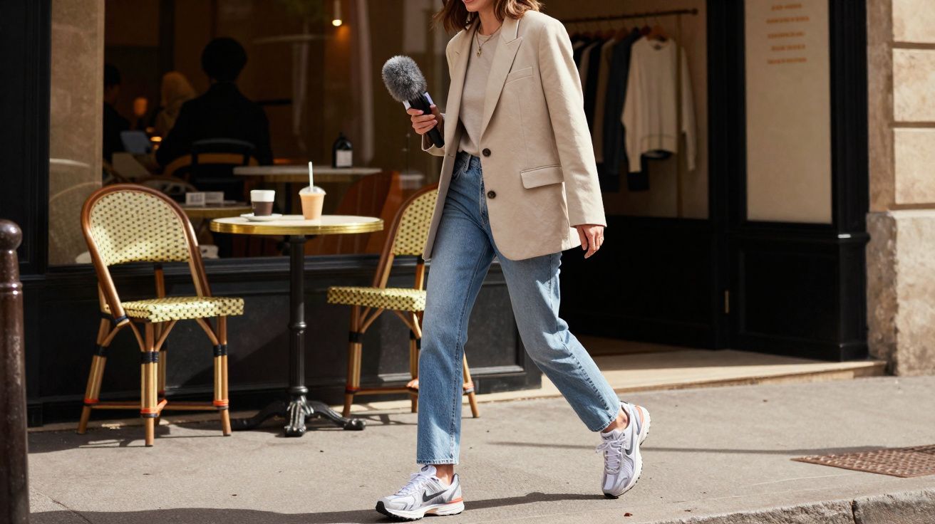Mulher com blazer bege e jeans caminhando e segurando microfone com espuma em ambiente urbano.