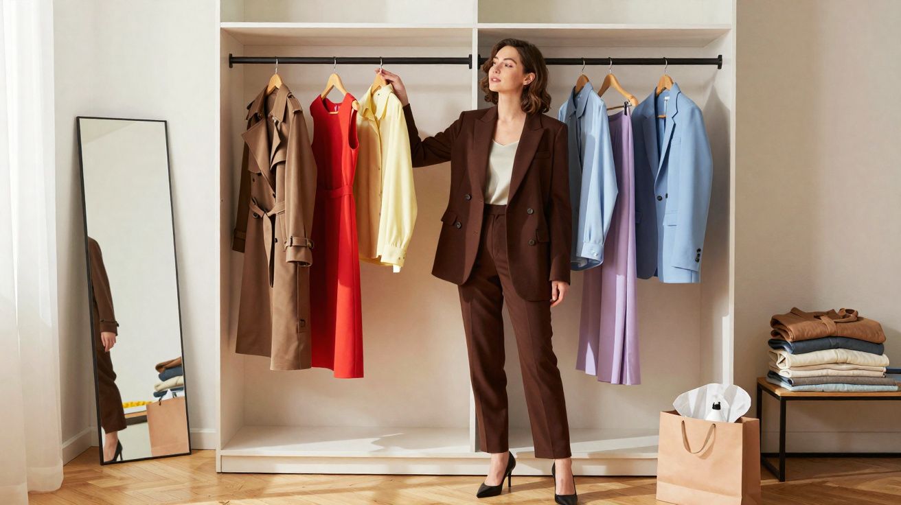 Mulher vestindo terno marrom escolhe roupas penduradas em guarda-roupa aberto em quarto iluminado.