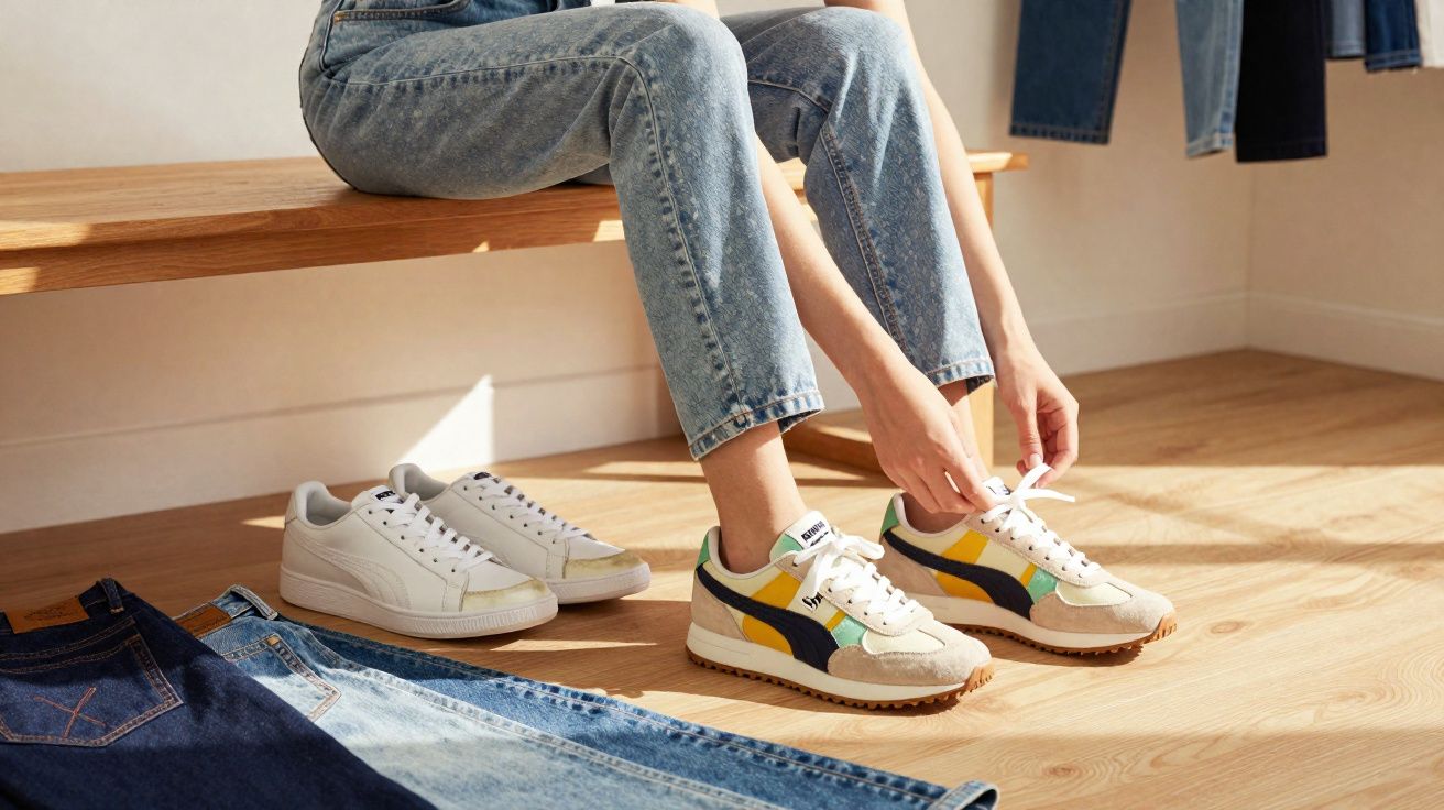 Pessoa calçando tênis colorido sentada em banco de madeira em loja com calças jeans e tênis branco ao lado.