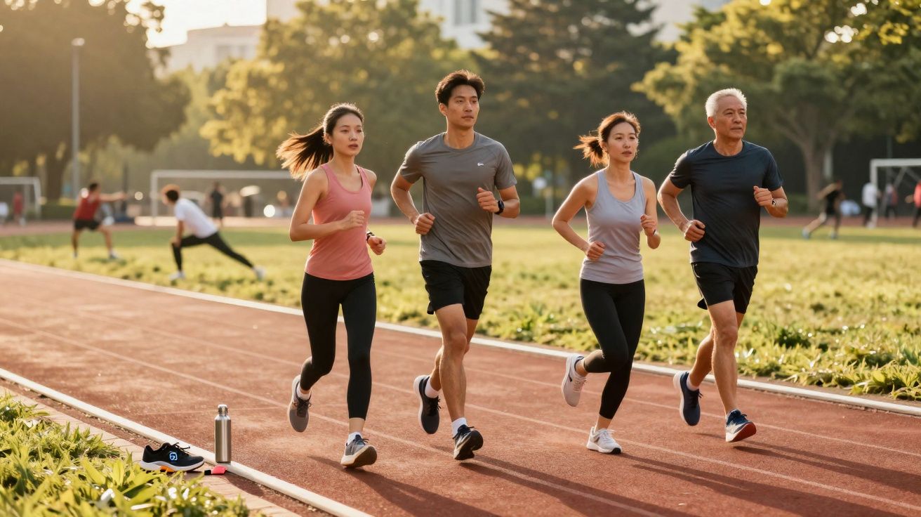 Quatro pessoas correndo em pista ao ar livre ao pôr do sol, com árvores e outras pessoas ao fundo.
