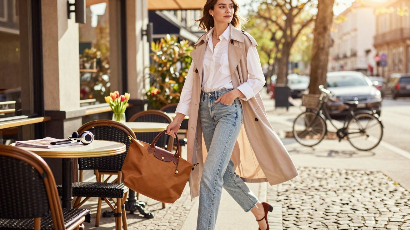 Mulher elegante vestindo trench coat bege, camisa branca e jeans, caminhando em calçada ensolarada com bolsa marrom.