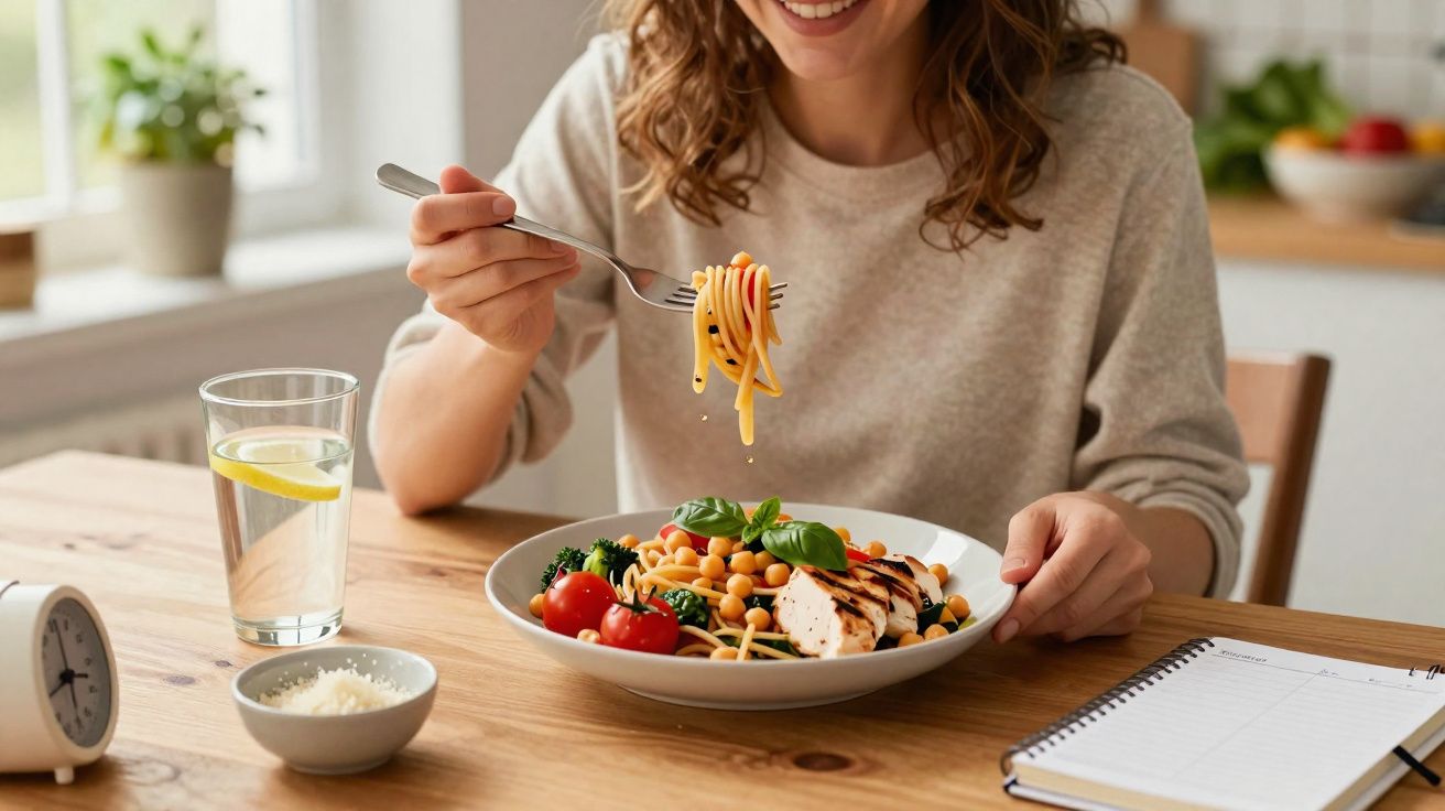Pessoa sorridente segurando garfo com espaguete ao lado de prato com macarrão, legumes, frango grelhado e copo d'água.