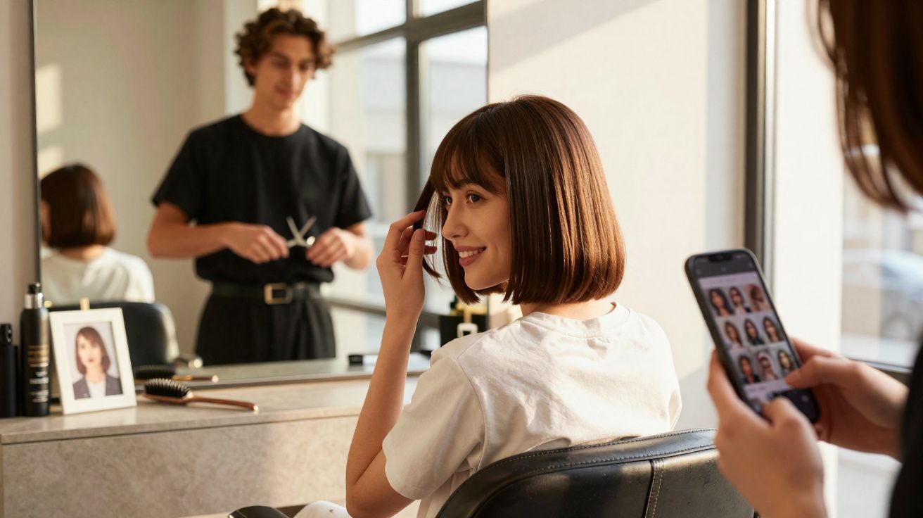 Mulher com cabelo curto no salão de beleza, sorrindo ao verificar corte no espelho enquanto outra pessoa usa celular.
