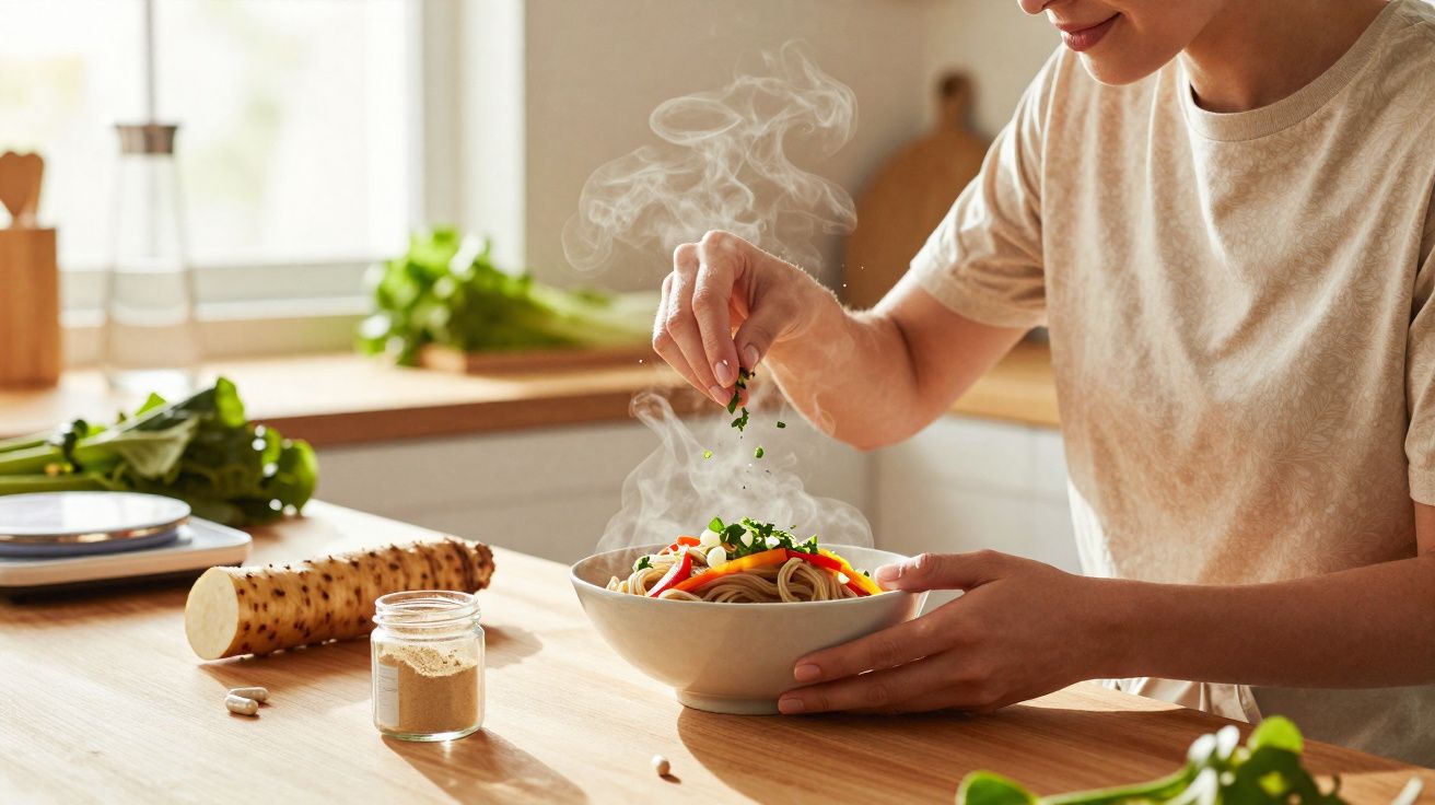 Pessoa temperando prato fumegante de macarrão com legumes na cozinha iluminada.