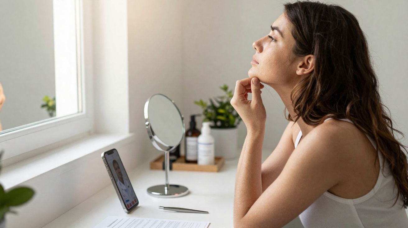 Mulher pensativa olhando pela janela, sentada em frente a uma mesa com telefone, espelho e documentos.
