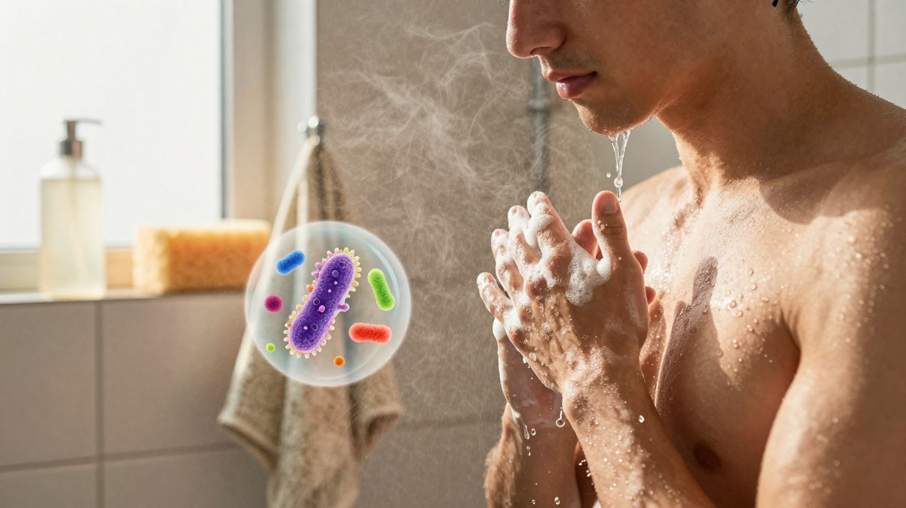 Homem lavando as mãos com sabão no banheiro, destacando a presença de germes e bactérias.