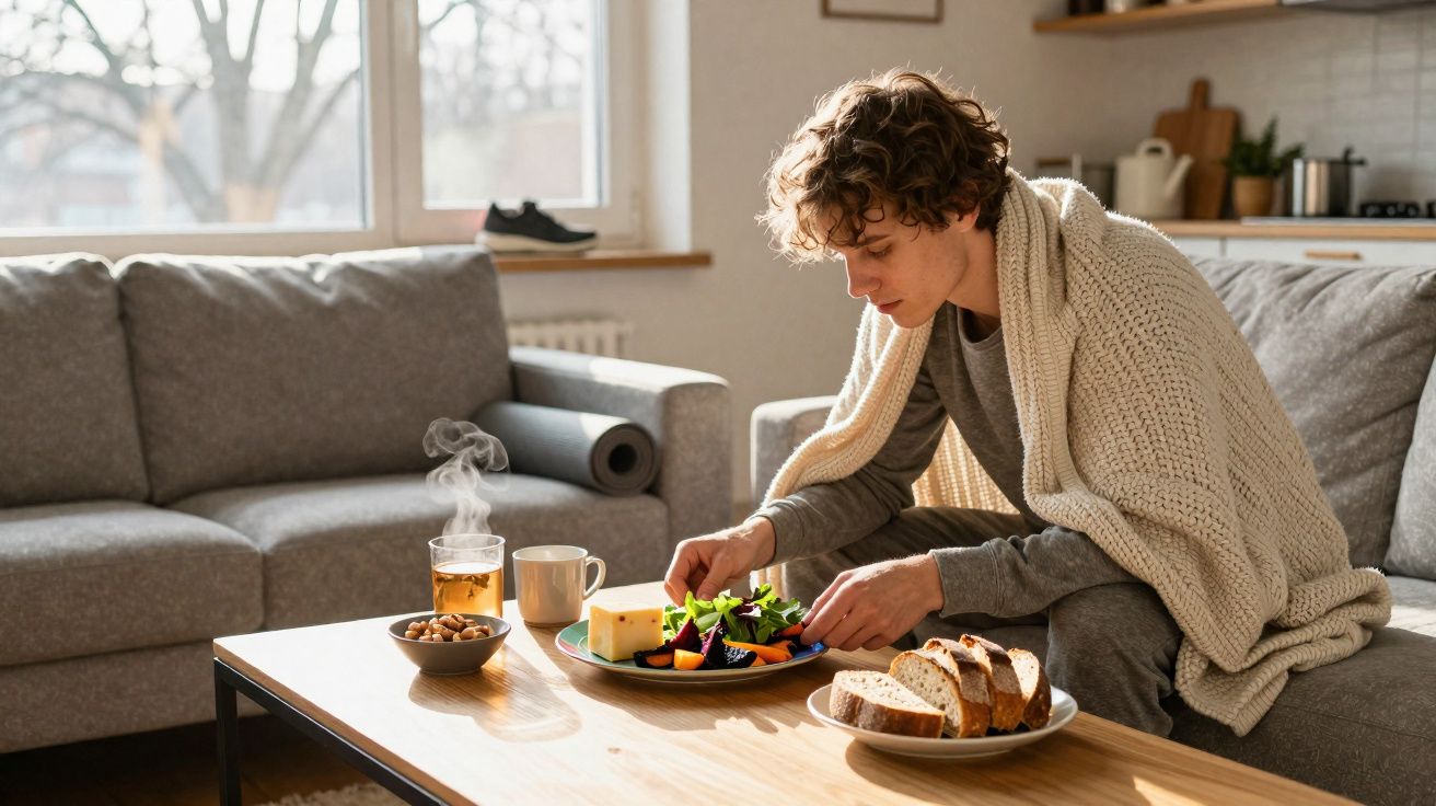 Jovem com cobertor no sofá prepara salada em mesa com chá, pão, queijo e castanhas em sala iluminada.