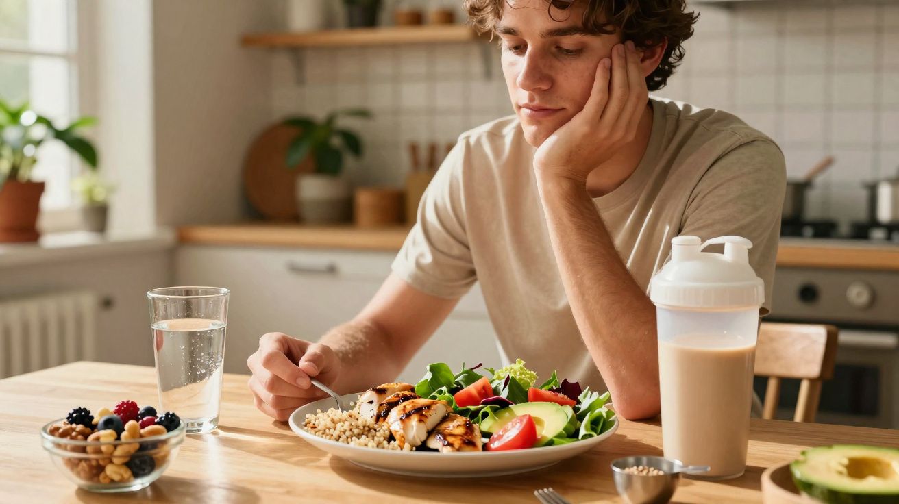 Jovem sentado à mesa olhando comida saudável em prato com salada, frango e grãos, em cozinha.